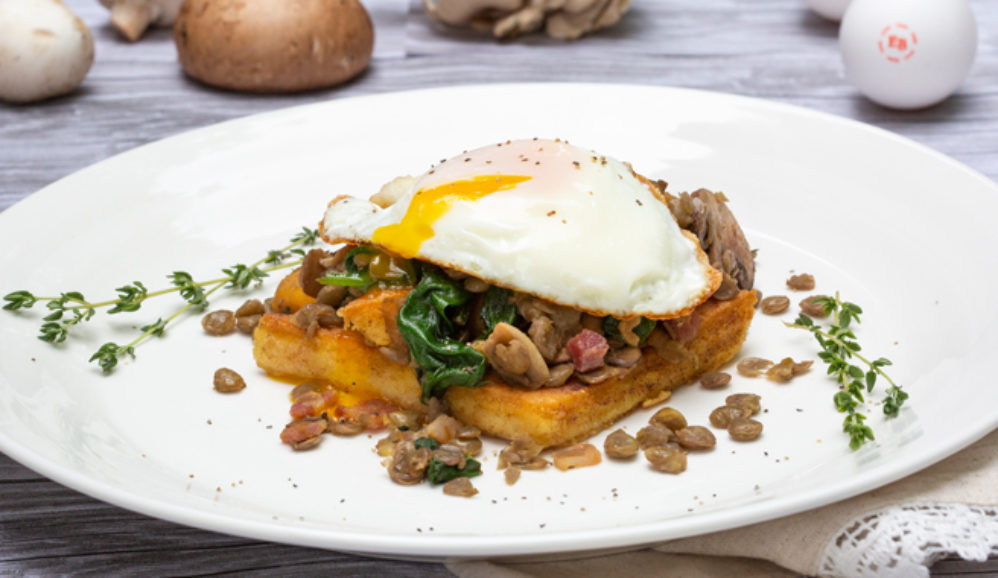 Photo of Fried Eggs with Mushroom, Lentil Hash over Cheesy Polenta Squares